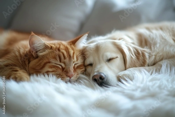 Fototapeta Cozy Companions: A heartwarming scene of a ginger cat and a golden retriever dog, curled up together in a moment of peaceful slumber on a plush, textured surface.