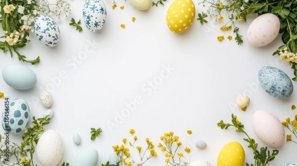 Fototapeta Easter Frame with Colorful Eggs and Spring Greenery 
