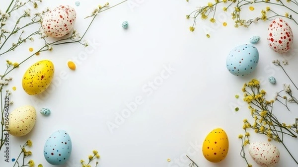 Obraz Easter Frame with Colorful Eggs and Spring Greenery 