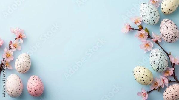 Fototapeta Easter Frame with Colorful Eggs and Spring Greenery 