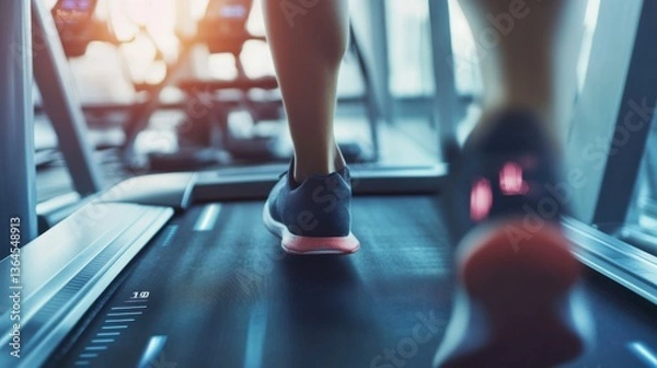 Fototapeta A person using a smart treadmill to track running progress, fitness center with digital display showing heart rate, calories burned