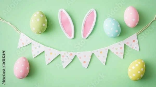 Obraz Easter Banner with Bunny Ears and Speckled Eggs on Pastel Green Background