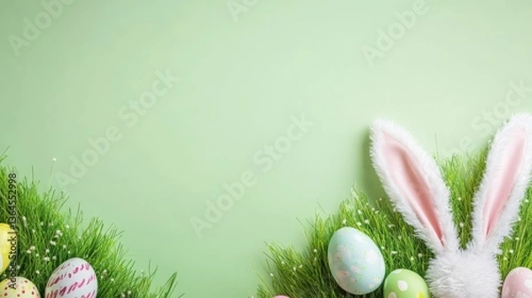 Obraz Easter Banner with Bunny Ears and Speckled Eggs on Pastel Green Background