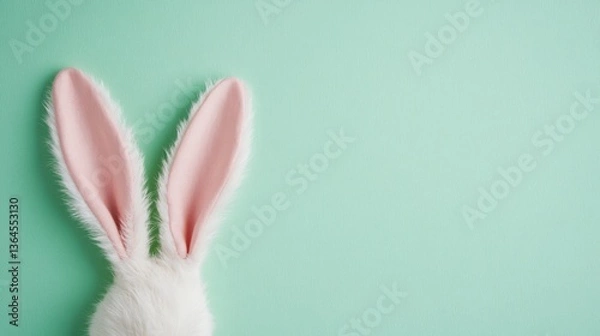 Obraz Easter Banner with Bunny Ears and Speckled Eggs on Pastel Green Background