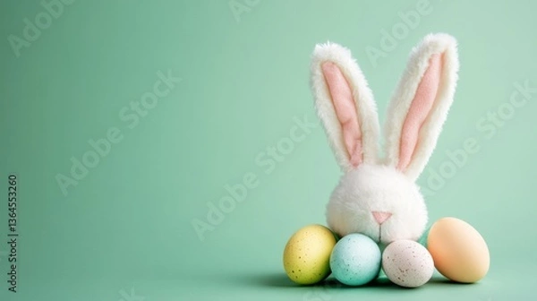 Obraz Easter Banner with Bunny Ears and Speckled Eggs on Pastel Green Background