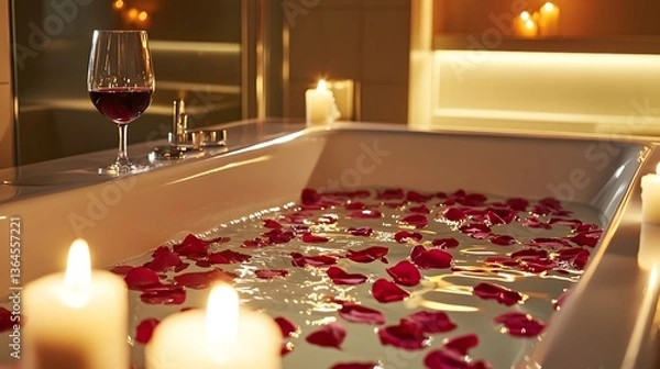 Fototapeta Romantic Spa Bath with Red Rose Petals Candles and Wine