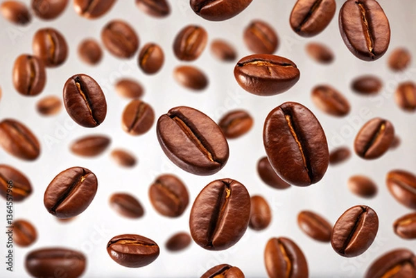 Fototapeta Floating dynamic coffee beans close up on white background.