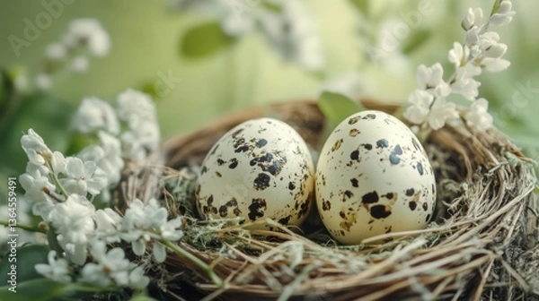 Obraz Elegant Quail Eggs with Spring Flowers – Easter Nature Still Life