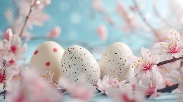 Obraz Elegant Quail Eggs with Spring Flowers – Easter Nature Still Life
