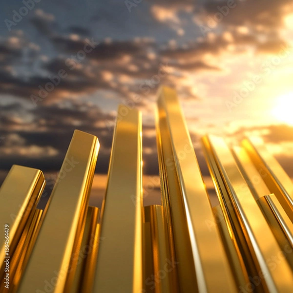 Obraz Golden bars rising against a cloudy sky with a bright light shining in the background scene view