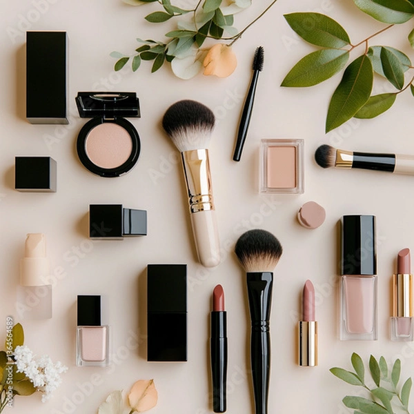 Obraz Overhead shot of assorted makeup products with brushes and greenery on a light surface