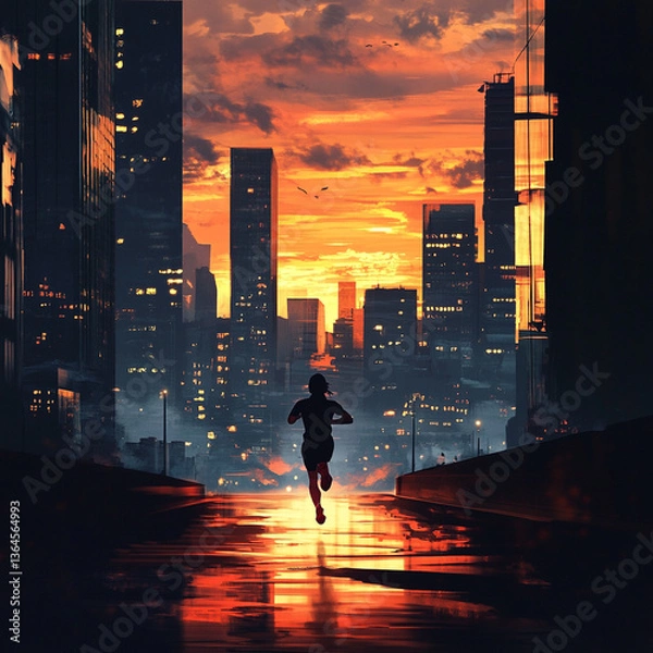 Obraz Silhouette of a person running in a city with a vibrant orange sunset and building reflections on wet ground