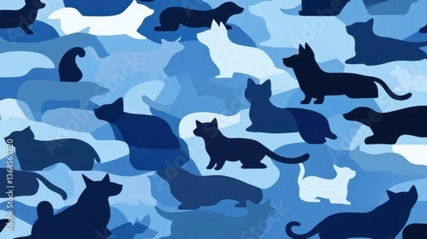 Fototapeta Blue Cat Dog Camo Pattern with Pet Silhouettes.