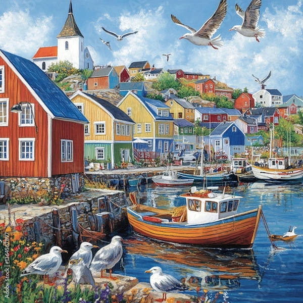 Obraz Colorful coastal village scene with boats seagulls and church on a sunny day painting style