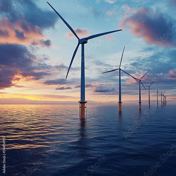 Obraz Wind turbines stand in the ocean at sunset with a cloudy sky and calm water reflecting the light