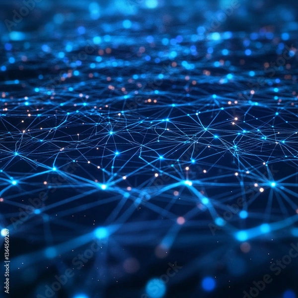 Obraz A digitally rendered network of interconnected blue lines and glowing nodes on a dark background