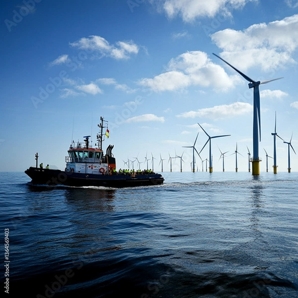 Obraz A tugboat sailing on the ocean with wind turbines in the background on a sunny and cloudy day