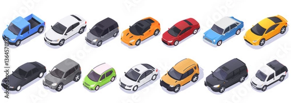 Obraz Set of isometric cars in various colors and models on a white background. Concept of transportation, vehicle diversity, and car collection. Vector illustration