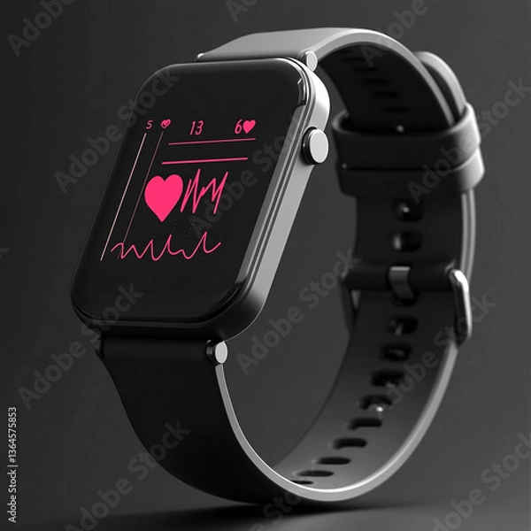 Obraz Close up of a black smart watch showing a heart rate monitor on a black background in studio lighting