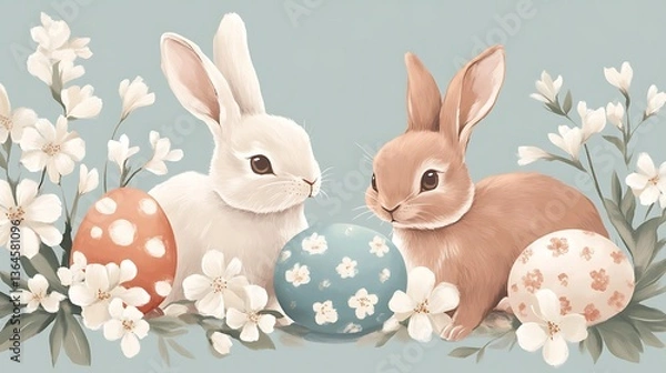 Fototapeta Easter bunnies with flowers, and eggs. (10)