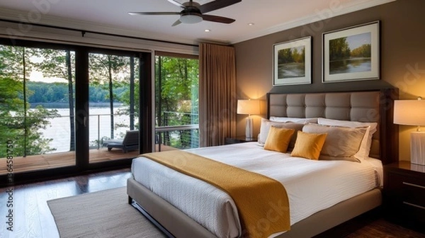 Obraz A serene bedroom with a large bed, natural light, and views of a lake, showcasing a blend of comfort and modern design.
