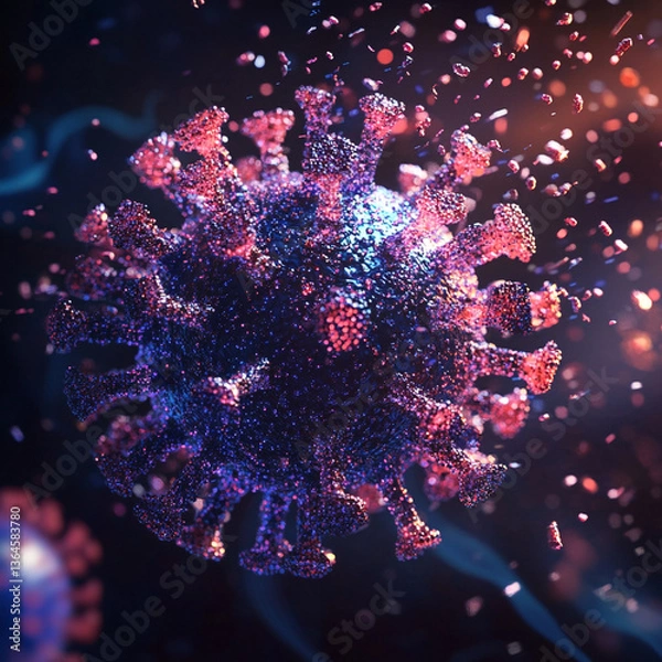 Obraz A detailed microscopic view of a coronavirus particle with spike proteins and floating fragments around it