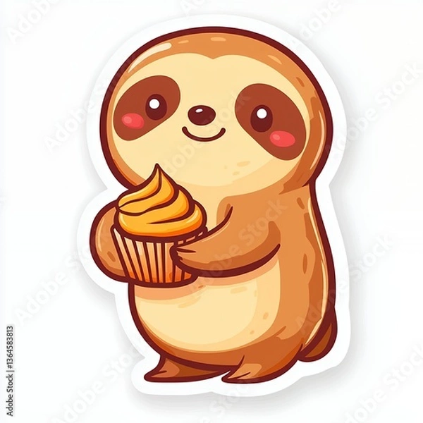 Obraz Adorable Brown Cartoon Sloth Holding Orange Cupcake on White Background