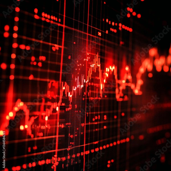 Obraz A close up view of a red stock market graph with a dark background and grid lines in the foreground