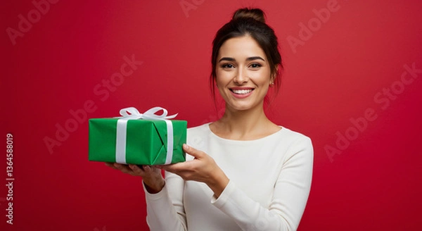 Obraz Woman with a bright smile is presenting a neatly wrapped green and white gift box.
