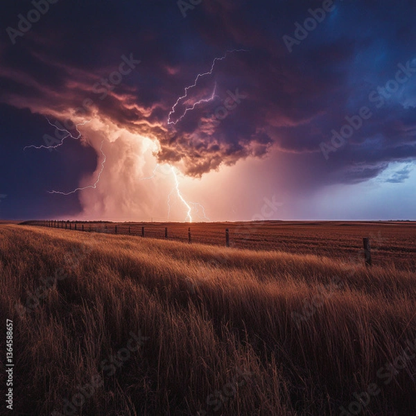 Obraz A dramatic lightning storm over a field with a fence line under a cloudy and colorful sky scene view