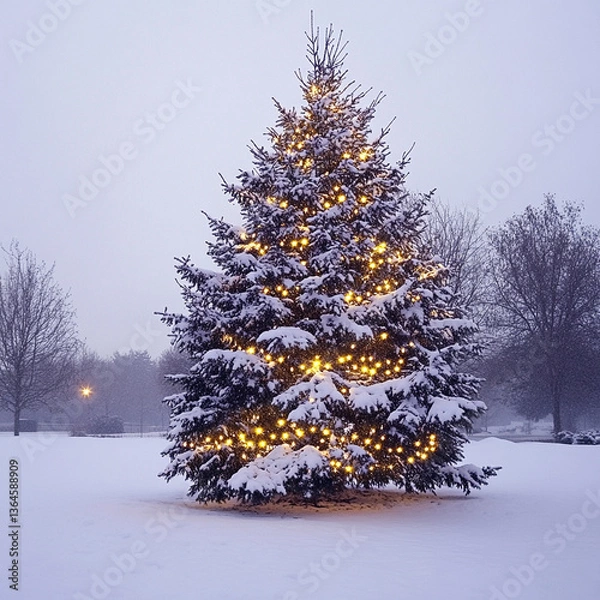 Obraz A snow covered christmas tree with yellow lights in a snowy landscape on a cloudy winter day