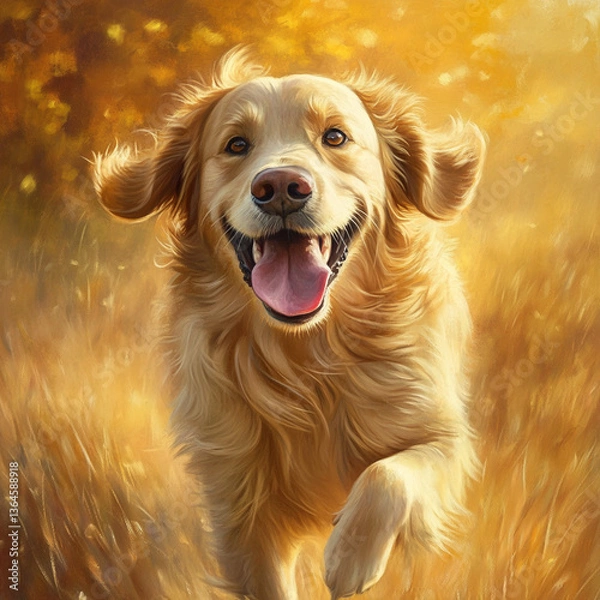 Obraz A golden retriever running through a field with its tongue out and a happy expression on its face