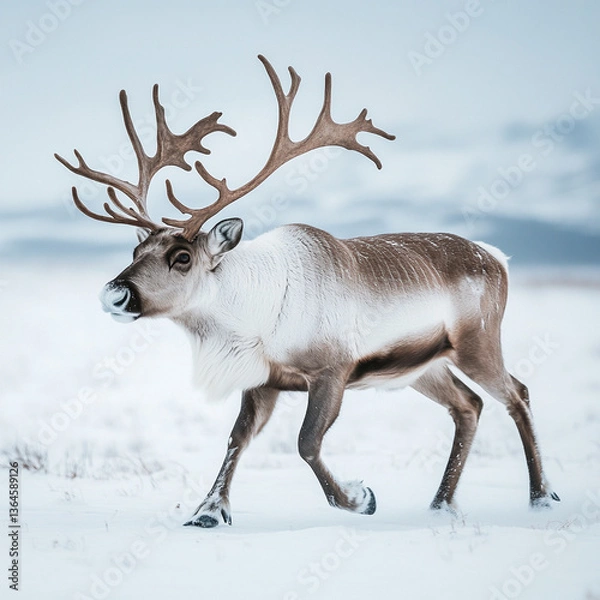 Obraz A reindeer with large antlers walking through a snowy landscape on a bright overcast day in winter