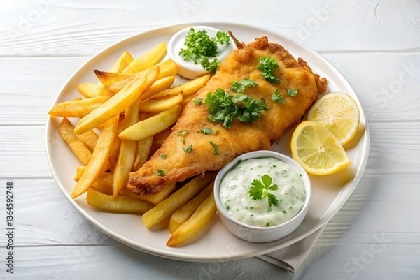 Obraz crispy fish and chips with tartar sauce in white background