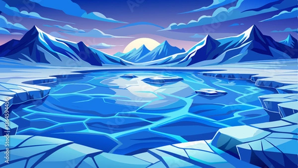 Fototapeta vector of mesmerizing frozen lake where deep blue ice reveals intricate cracks under a clear winter sky