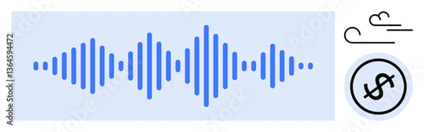 Fototapeta Blue audio waveform accompanied by dollar sign circle and sound lines. Ideal for audio branding, podcasting, monetization, sound design, music production, technology, marketing. Flat simple metaphor