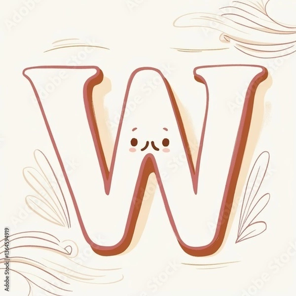 Fototapeta A whimsical hand-drawn clip artwork of an smiling face of a big letter W on a crisp white background, created in a vector style with bold lines, soft curves, and delicate textures. Pastel creamy card	
