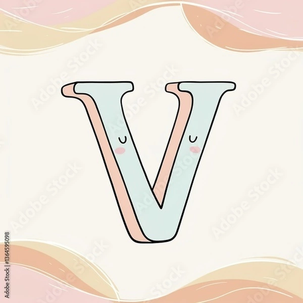 Fototapeta A whimsical hand-drawn clip artwork of an smiling face of a big letter V on a crisp white background, created in a vector style with bold lines, soft curves, and delicate textures. Pastel creamy card	