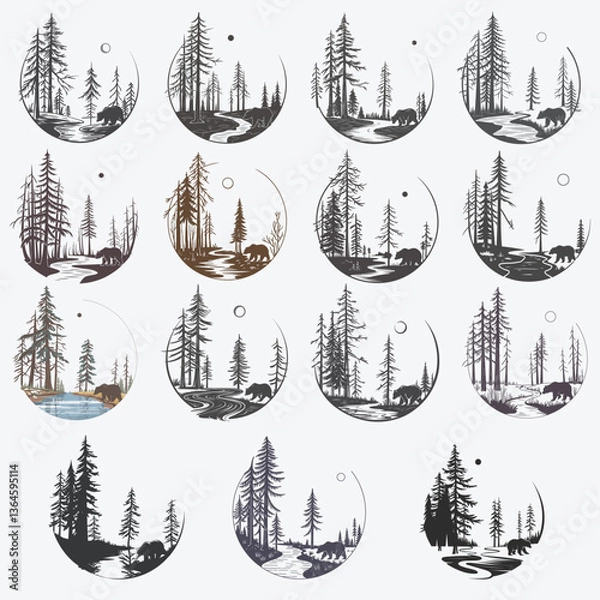 Obraz Forest Sunset Bear Design, Animal Vector