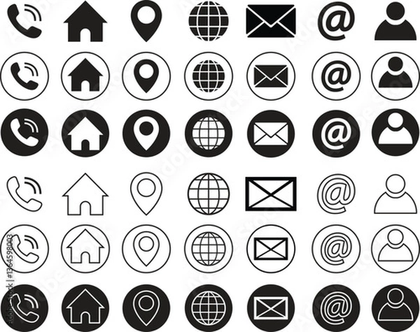 Fototapeta Business icons for company. Web flat, outline icons set. Phone, name, website, address, location and mail logos pack. Contact information vectors for business cards isolated on transparent background.