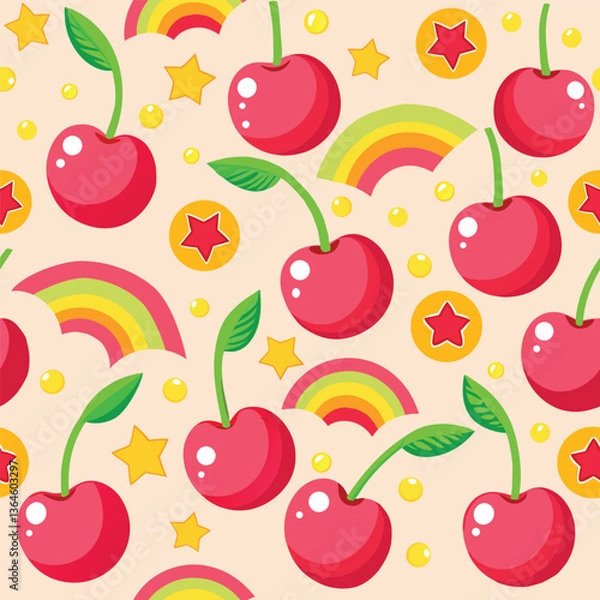 Obraz Red cherry radian with rainbow golden ball and red star in golden ball , cream color background. Vector Seamless pattern.