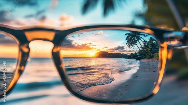Fototapeta Experience clear vision with tropical paradise at sunset through stylish glasses in a resort setting