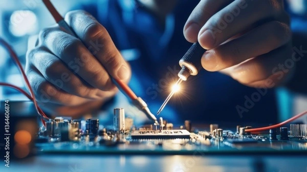 Fototapeta A person wiring a circuit board, visible components and soldering tools, clean workspace background