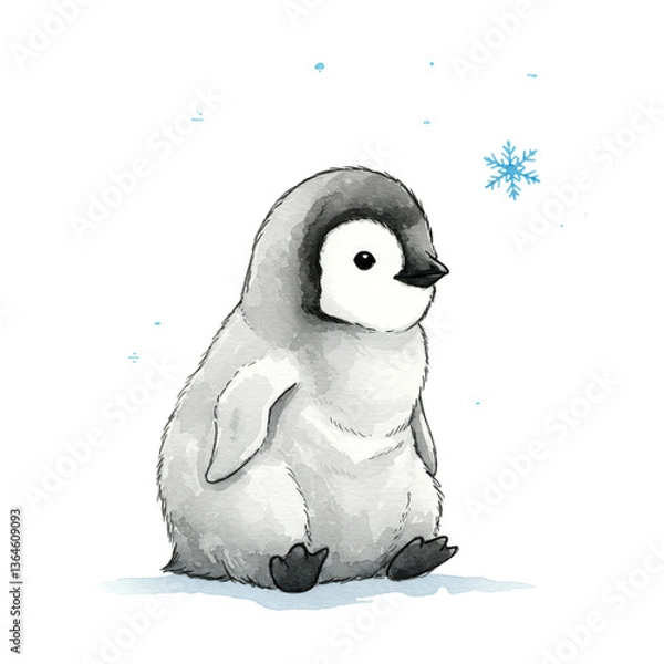 Fototapeta Winter's Embrace: A charming illustration of a penguin amidst a gentle snowfall, invoking feelings of serenity and the quiet beauty of winter. 