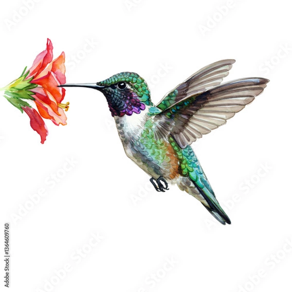 Fototapeta Hummingbird's Nectar Feast: A vibrant watercolor illustration captures a hummingbird gracefully hovering, its beak delicately probing a bright red flower for nectar.