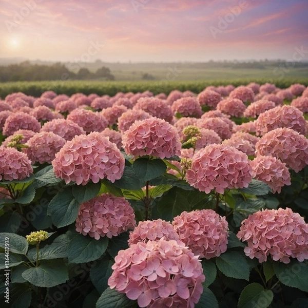Fototapeta A peaceful field of pink hydrangeas with a soft, dreamy background.