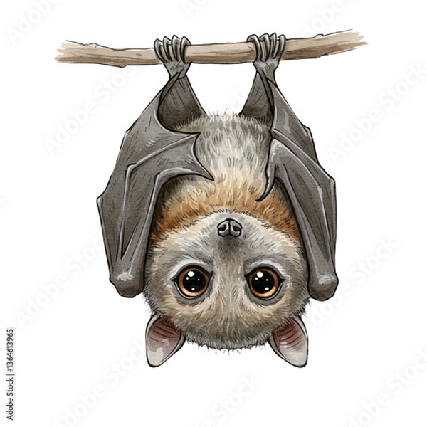 Fototapeta Curious Bat: A charming illustration of a bat hanging upside down from a branch, its large, expressive eyes and soft fur create a captivating and endearing presence. 