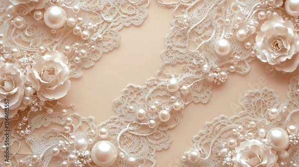 Obraz Elegant arrangement of white pearls and lace fabric on white background – flat lay, romantic and vintage style