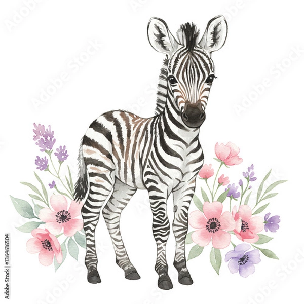 Fototapeta Sweet Zebra Cub with floral : A charming zebra cub surrounded by a vibrant array of delicate flowers, an enchanting artistic illustration. perfect for conveying gentleness and playfulness. 