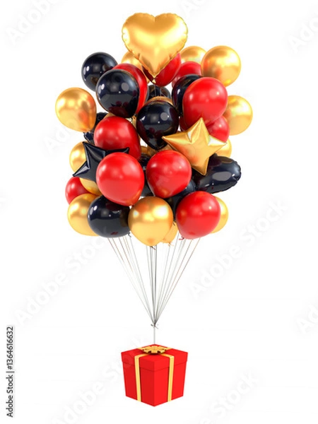 Obraz Set of balloons with gift on string. Gold, red and black colors. 3d rendering